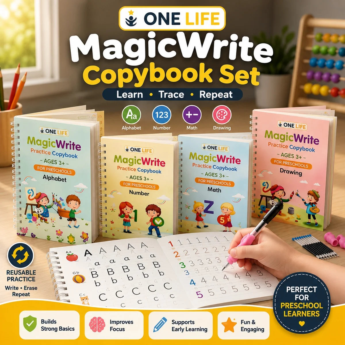 Magic Practice book – Reusable Handwriting Book for Kids.